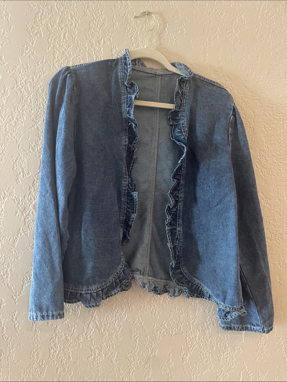 Denim Ruffle Open-Front Jacket - Blue